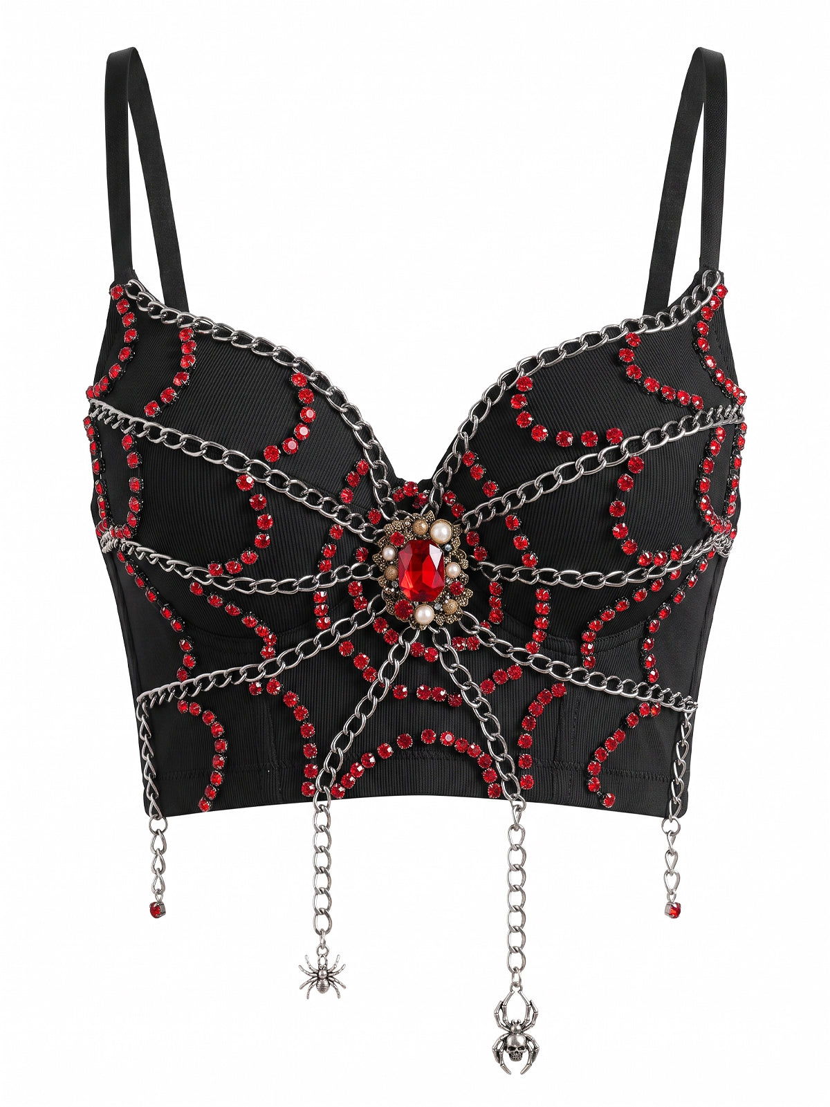 VENVIRS Women's Gothic Halloween Spider Web Red Rhinestone Bustier Corset Tops