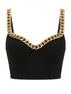VENVIRS Gold Cuban Chain V-neck Bustier Crop Top For Women with Adjustable Straps