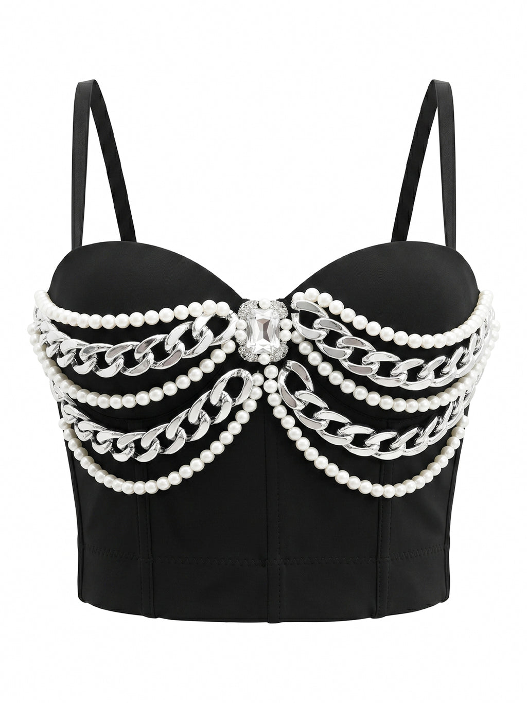 VENVIRS Pearl Chain Bustier Crop Top Push Up Corset Rhinestone Clubwear Rave Party Tube