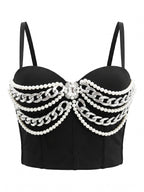 VENVIRS Pearl Chain Bustier Crop Top Push Up Corset Rhinestone Clubwear Rave Party Tube