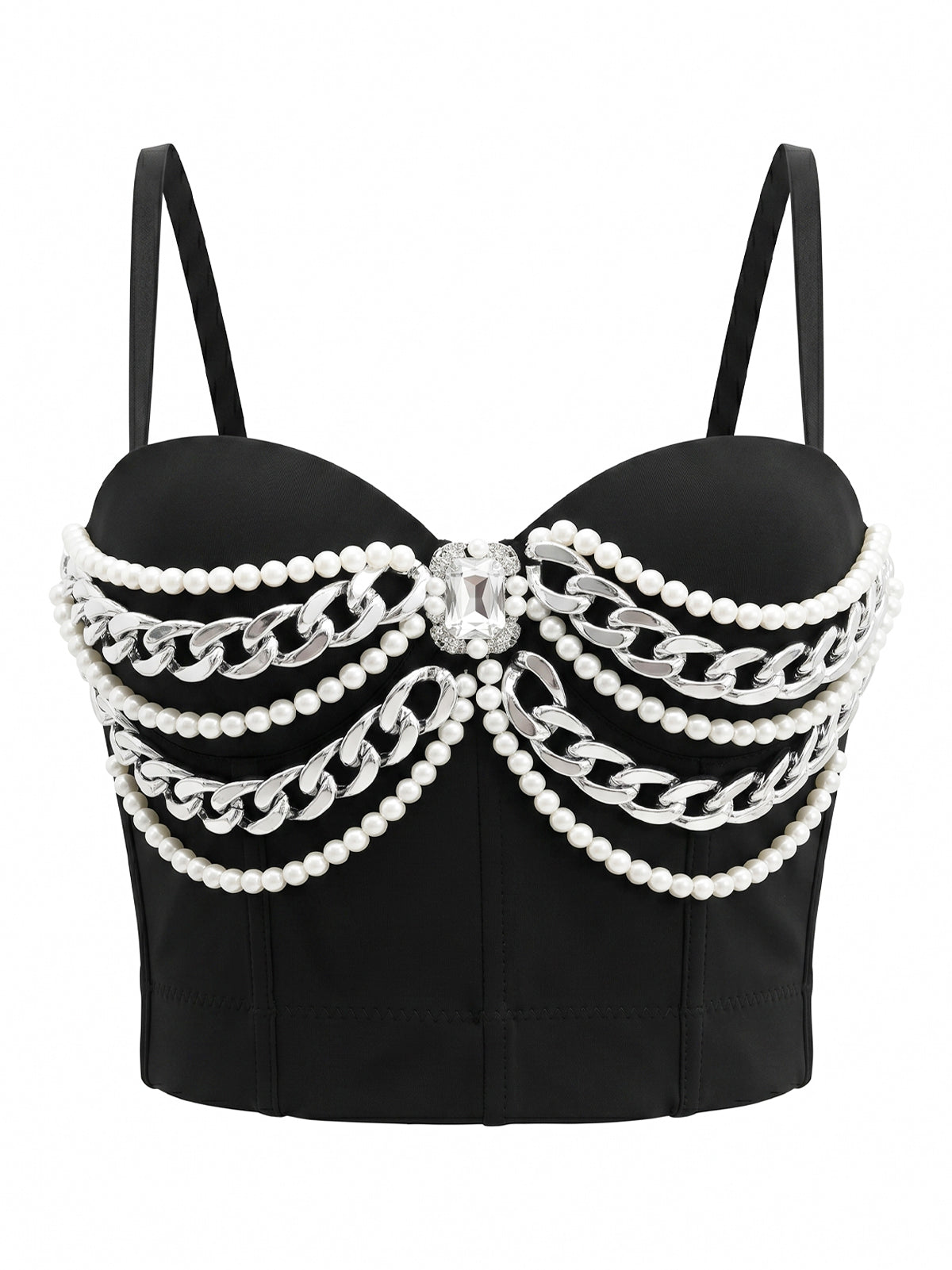 VENVIRS Pearl Chain Bustier Crop Top Push Up Corset Rhinestone Clubwear Rave Party Tube