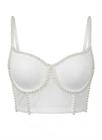 VENVIRS White Pearl Beaded Bustier Crop Top For Women with Spaghetti Straps