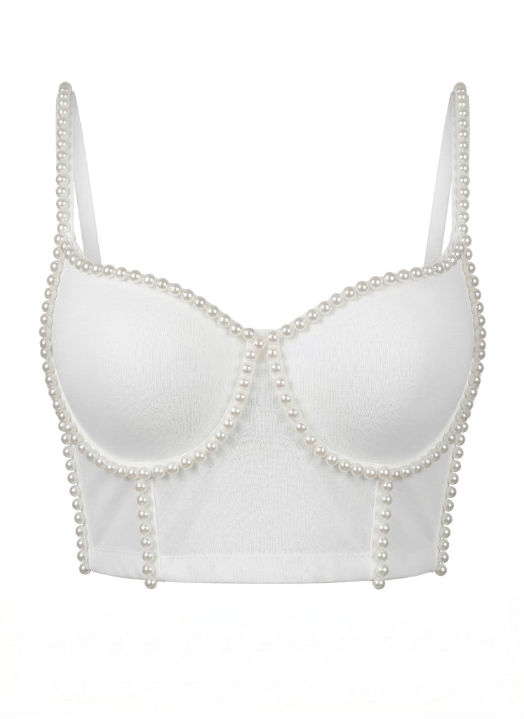VENVIRS White Pearl Beaded Bustier Crop Top For Women with Spaghetti Straps