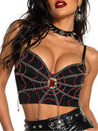 VENVIRS Women's Gothic Halloween Spider Web Red Rhinestone Bustier Corset Tops