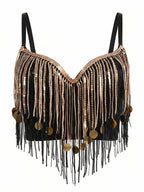 VENVIRS Women's Sequin Beaded Bustier Corset Crop Top with Coin Fringe Tassel Festival Rave Clubwear Costume