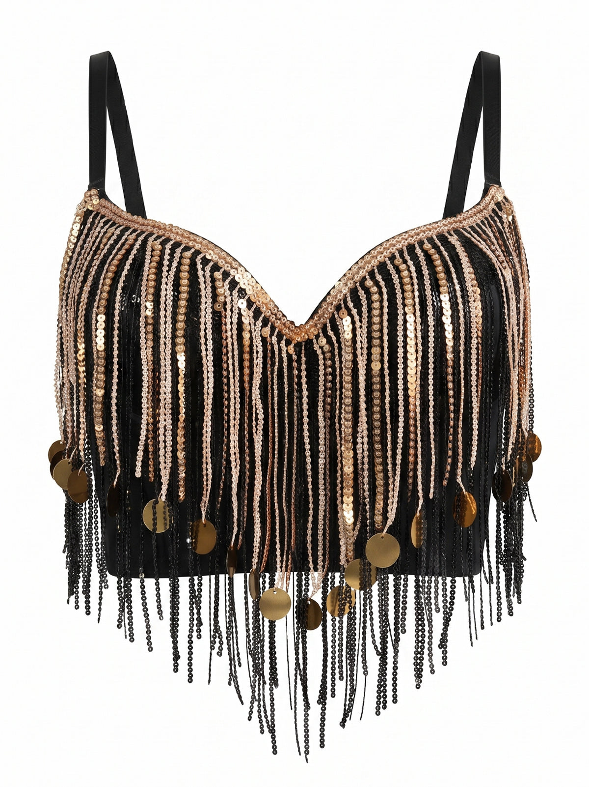 VENVIRS Women's Sequin Beaded Bustier Corset Crop Top with Coin Fringe Tassel Festival Rave Clubwear Costume