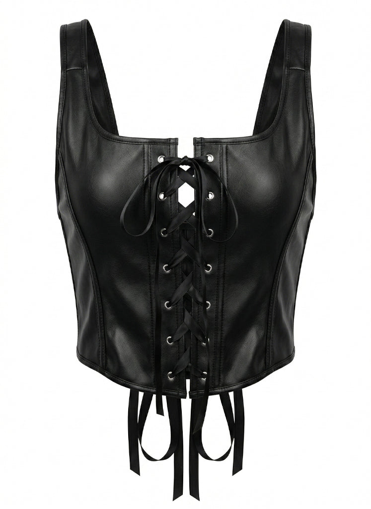 VENVIRS Women's Sexy Punk Goth Lace Up PU Leather Tank Drawstring Bustier Corset Top Crop