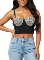 VENVIRS Sexy Embellished Rhinestone Bustier Corset Crop Top For Women with Adjustable Straps