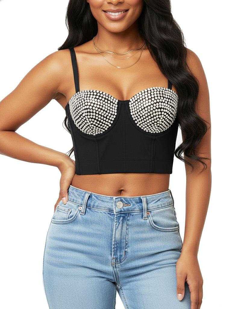 VENVIRS Sexy Embellished Rhinestone Bustier Corset Crop Top For Women with Adjustable Straps