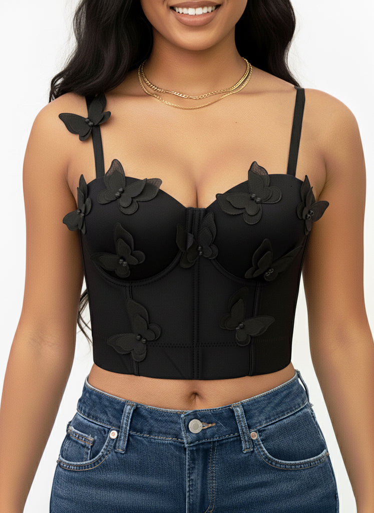 Venvirs 3D Black Butterfly Corset Top Bustier For Women Adjustable Strap