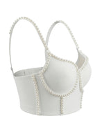 VENVIRS White Pearl Beaded Bustier Crop Top For Women with Spaghetti Straps