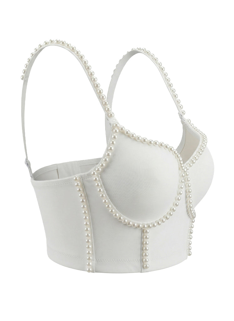 VENVIRS White Pearl Beaded Bustier Crop Top For Women with Spaghetti Straps