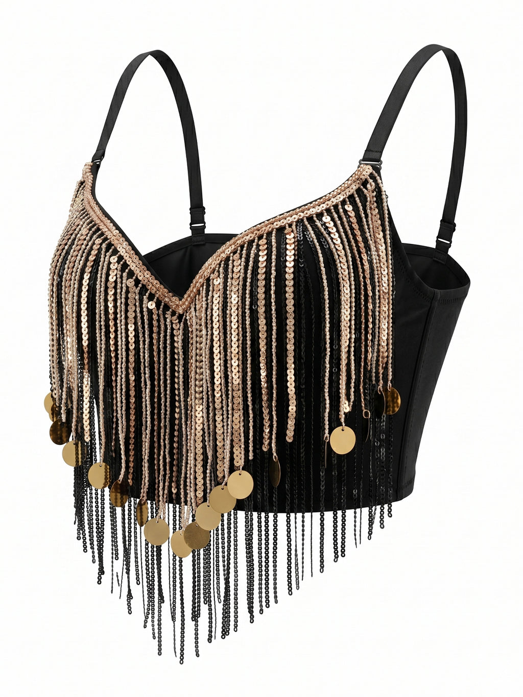 VENVIRS Women's Sequin Beaded Bustier Corset Crop Top with Coin Fringe Tassel Festival Rave Clubwear Costume