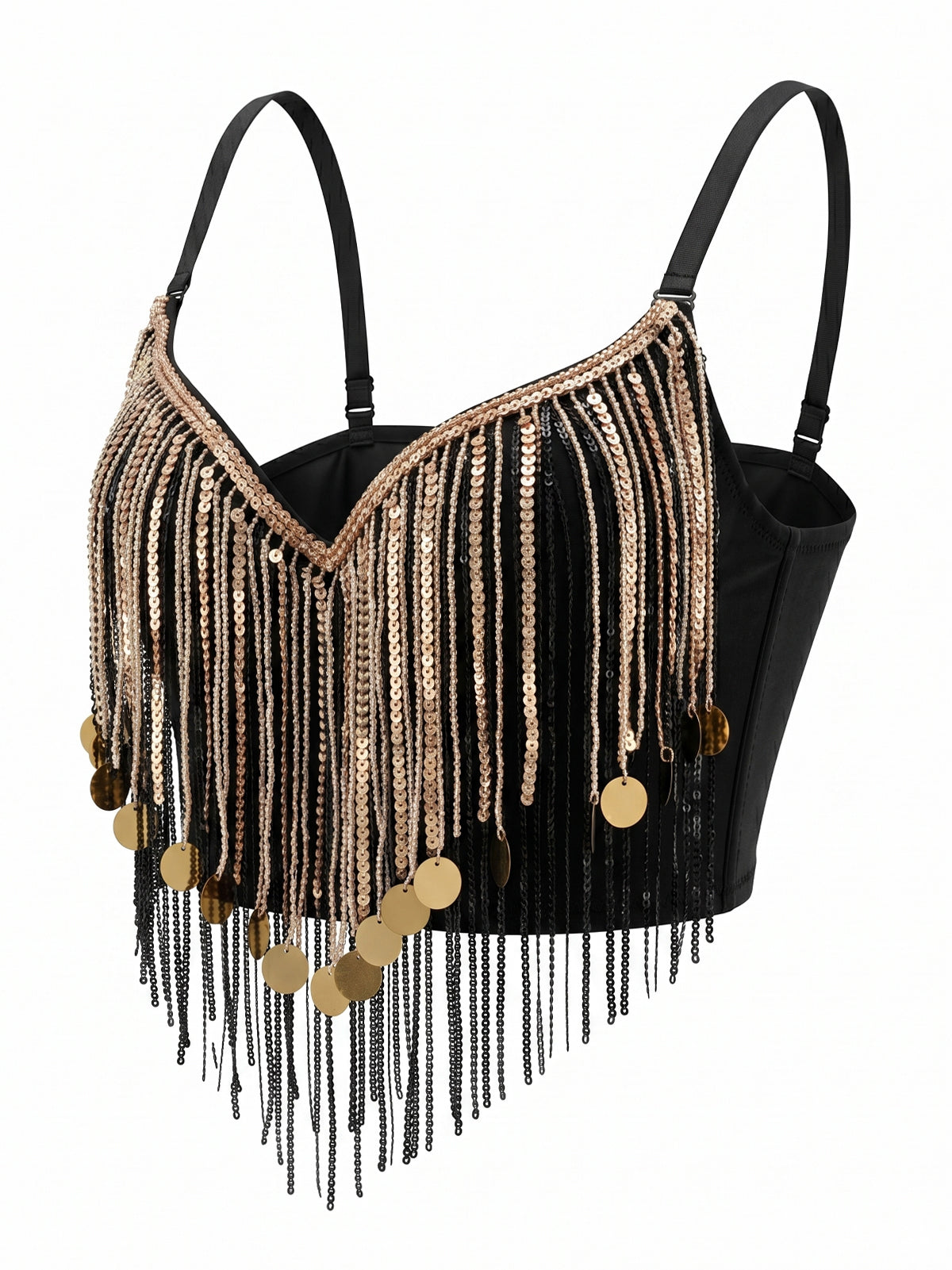 VENVIRS Women's Sequin Beaded Bustier Corset Crop Top with Coin Fringe Tassel Festival Rave Clubwear Costume