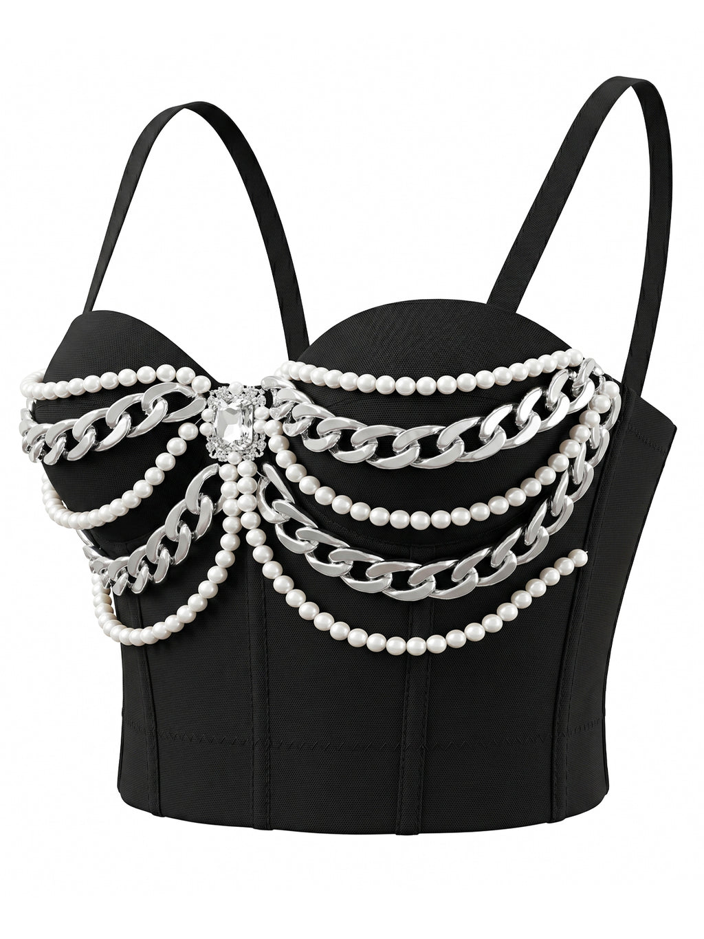 VENVIRS Pearl Chain Bustier Crop Top Push Up Corset Rhinestone Clubwear Rave Party Tube