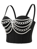 VENVIRS Pearl Chain Bustier Crop Top Push Up Corset Rhinestone Clubwear Rave Party Tube