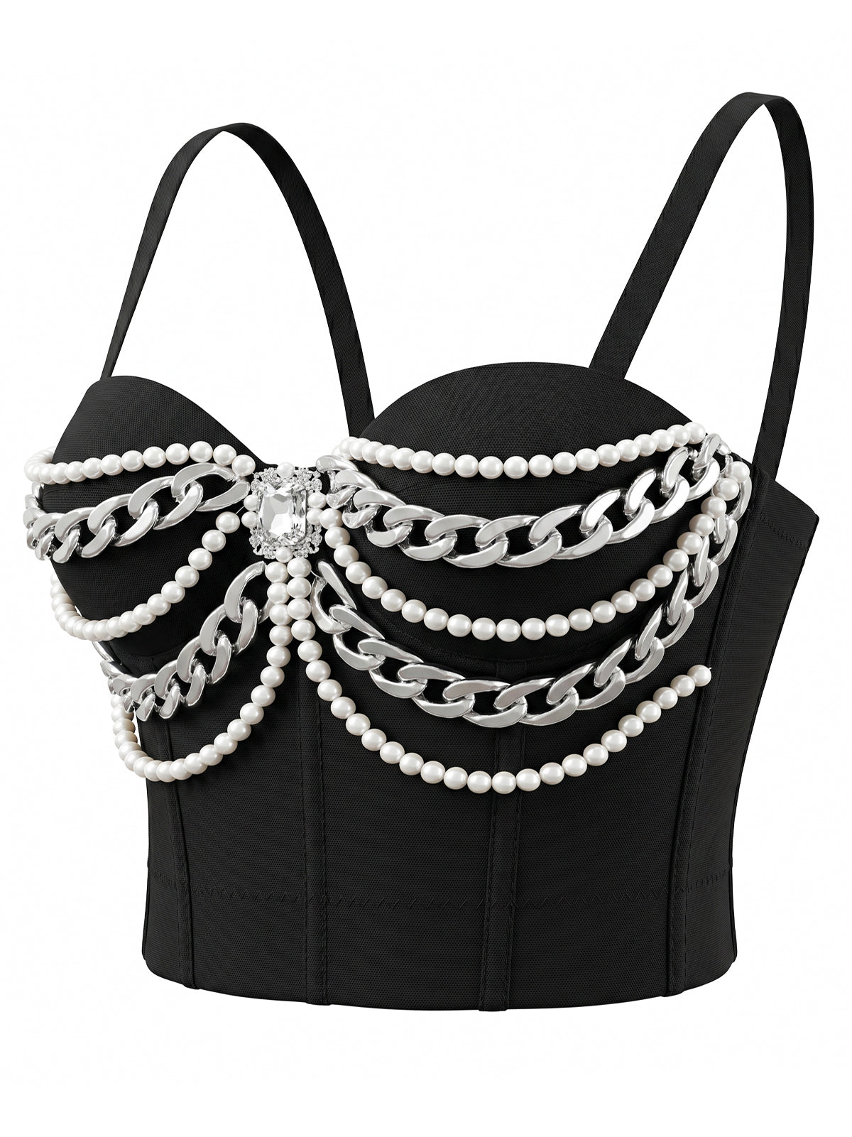 VENVIRS Pearl Chain Bustier Crop Top Push Up Corset Rhinestone Clubwear Rave Party Tube
