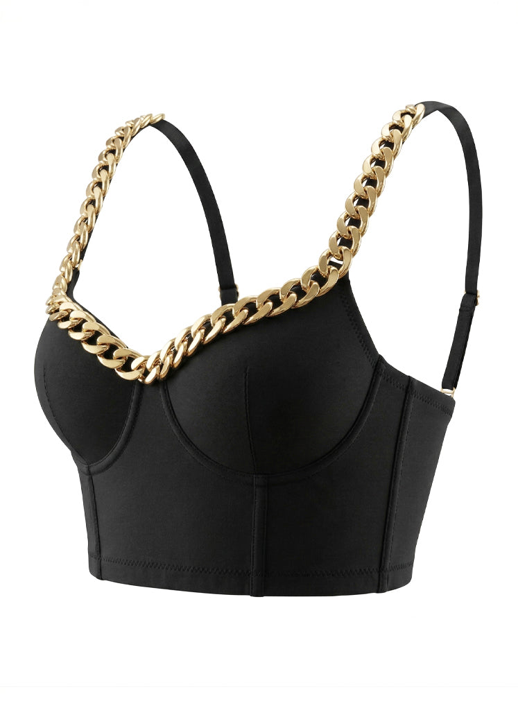 VENVIRS Gold Cuban Chain V-neck Bustier Crop Top For Women with Adjustable Straps