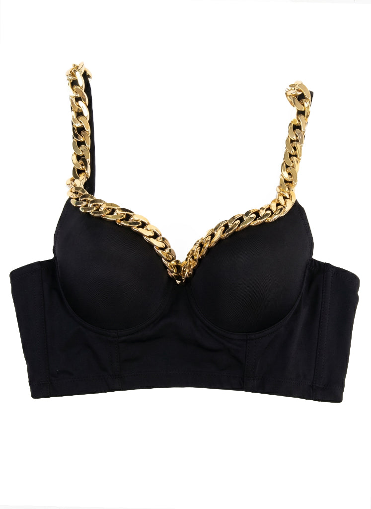 VENVIRS Gold Cuban Chain V-neck Bustier Crop Top For Women with Adjustable Straps
