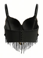 VENVIRS Women's Sequin Beaded Bustier Corset Crop Top with Coin Fringe Tassel Festival Rave Clubwear Costume