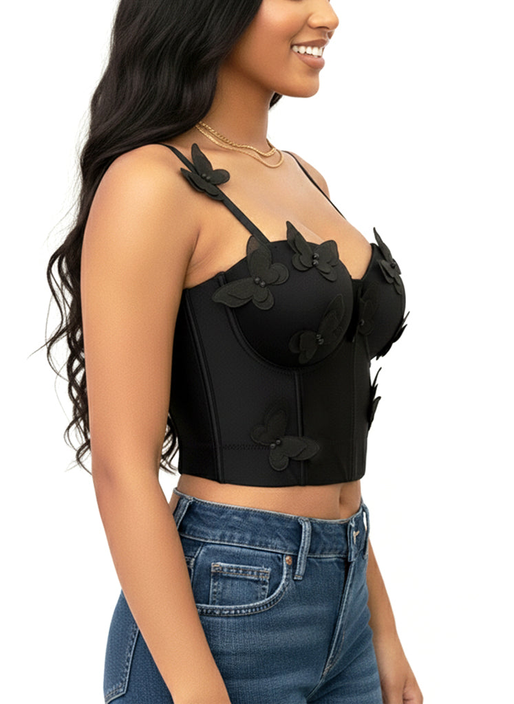 Venvirs 3D Black Butterfly Corset Top Bustier For Women Adjustable Strap