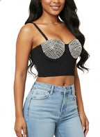 VENVIRS Sexy Embellished Rhinestone Bustier Corset Crop Top For Women with Adjustable Straps