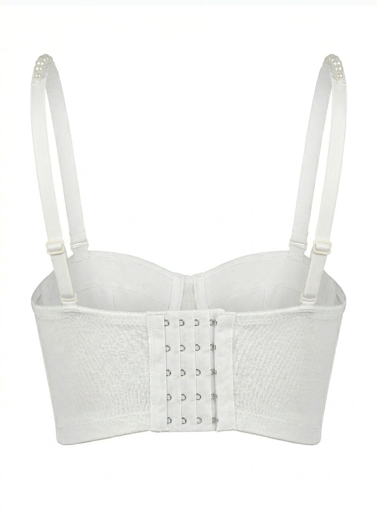 VENVIRS White Pearl Beaded Bustier Crop Top For Women with Spaghetti Straps
