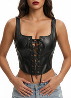 VENVIRS Women's Sexy Punk Goth Lace Up PU Leather Tank Drawstring Bustier Corset Top Crop