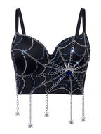VENVIRS Women's Gothic Halloween Spider Web Blue Rhinestone Bustier Corset Tops
