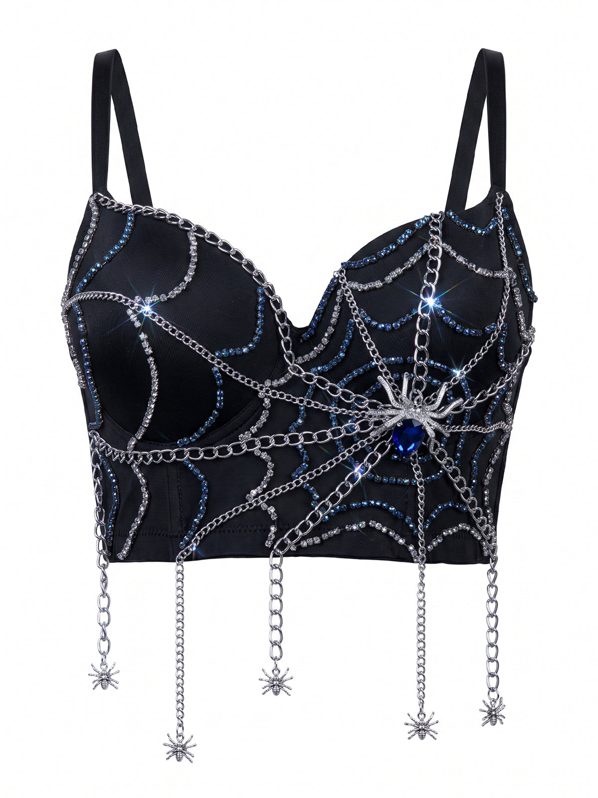 VENVIRS Women's Gothic Halloween Spider Web Blue Rhinestone Bustier Corset Tops