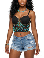 VENVIRS Turquoise Beaded Studded Corset Top Festival Rave Clubwear