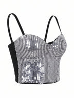 Women's Silver Sequin Sparkle Glitter Bra Crop Tops Bustier Corset