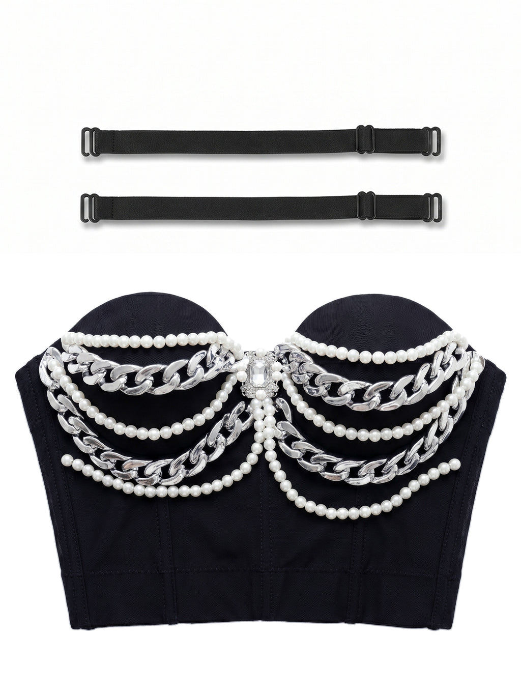 VENVIRS Pearl Chain Bustier Crop Top Push Up Corset Rhinestone Clubwear Rave Party Tube