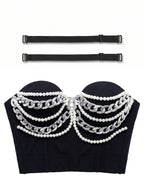 VENVIRS Pearl Chain Bustier Crop Top Push Up Corset Rhinestone Clubwear Rave Party Tube