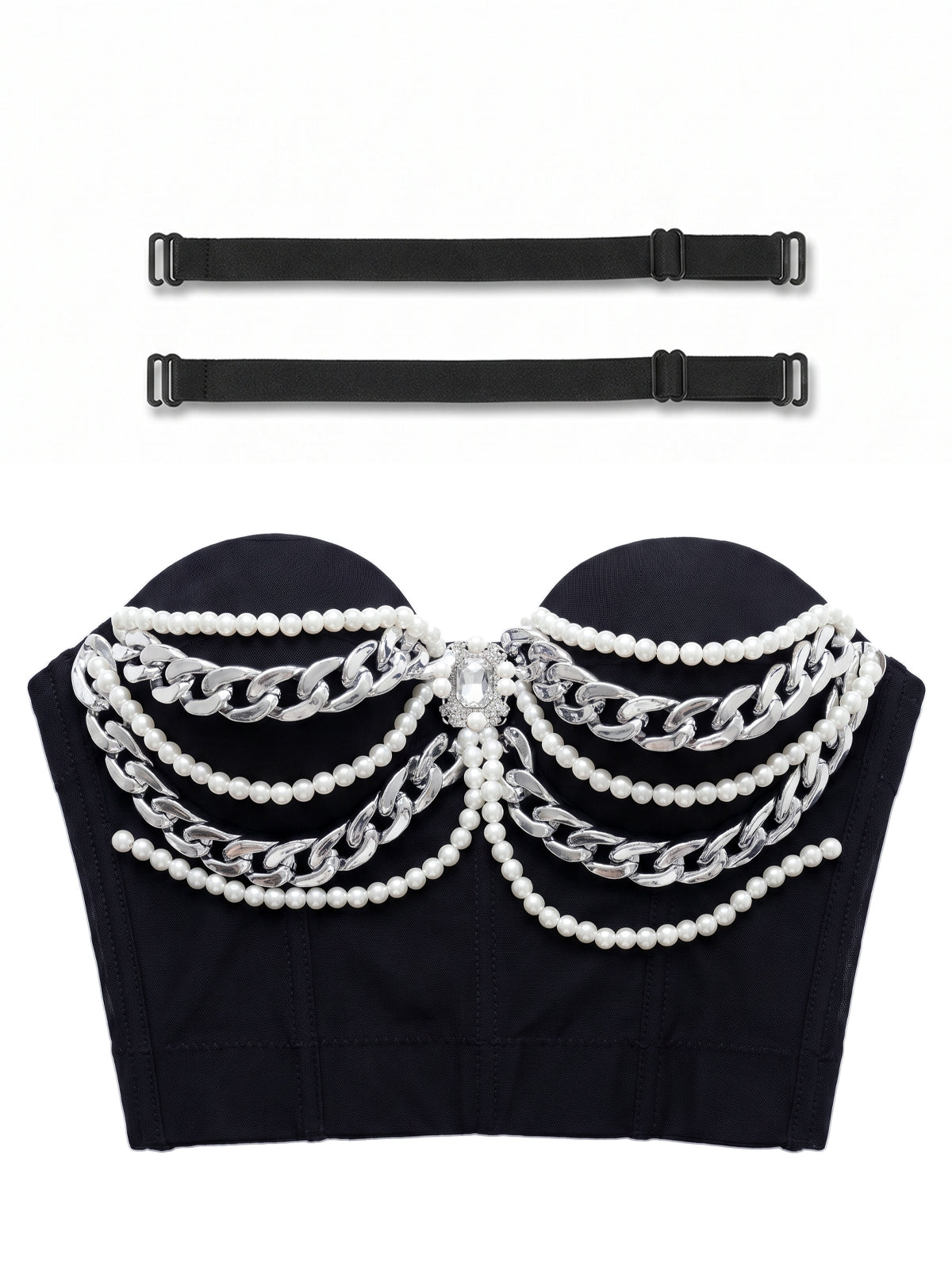 VENVIRS Pearl Chain Bustier Crop Top Push Up Corset Rhinestone Clubwear Rave Party Tube