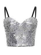 Women's Silver Sequin Sparkle Glitter Bra Crop Tops Bustier Corset