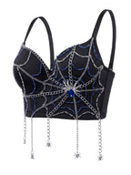 VENVIRS Women's Gothic Halloween Spider Web Blue Rhinestone Bustier Corset Tops