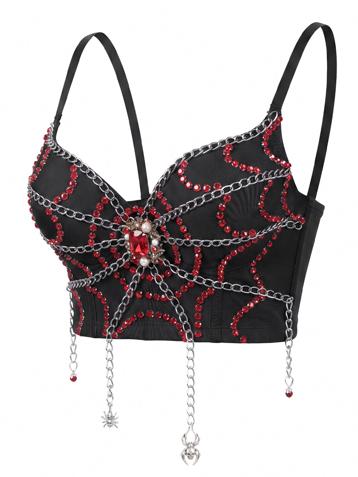 VENVIRS Women's Gothic Halloween Spider Web Red Rhinestone Bustier Corset Tops