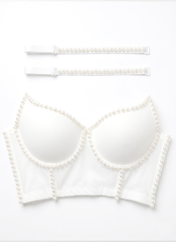 VENVIRS White Pearl Beaded Bustier Crop Top For Women with Spaghetti Straps