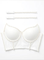 VENVIRS White Pearl Beaded Bustier Crop Top For Women with Spaghetti Straps