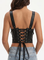VENVIRS Women's Sexy Punk Goth Lace Up PU Leather Tank Drawstring Bustier Corset Top Crop