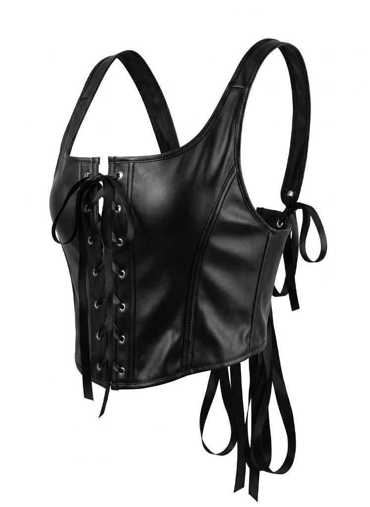 VENVIRS Women's Sexy Punk Goth Lace Up PU Leather Tank Drawstring Bustier Corset Top Crop