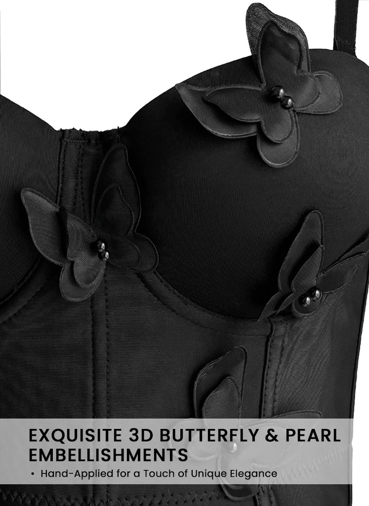 Venvirs 3D Black Butterfly Corset Top Bustier For Women Adjustable Strap