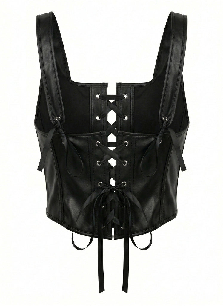 VENVIRS Women's Sexy Punk Goth Lace Up PU Leather Tank Drawstring Bustier Corset Top Crop