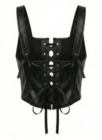 VENVIRS Women's Sexy Punk Goth Lace Up PU Leather Tank Drawstring Bustier Corset Top Crop
